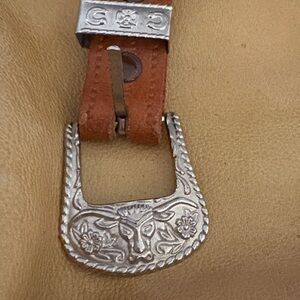 VTG Hand tooled Thunderbird Beads LTHR Belt SW Stamped Silver Bull 🐂 Horn Buckle